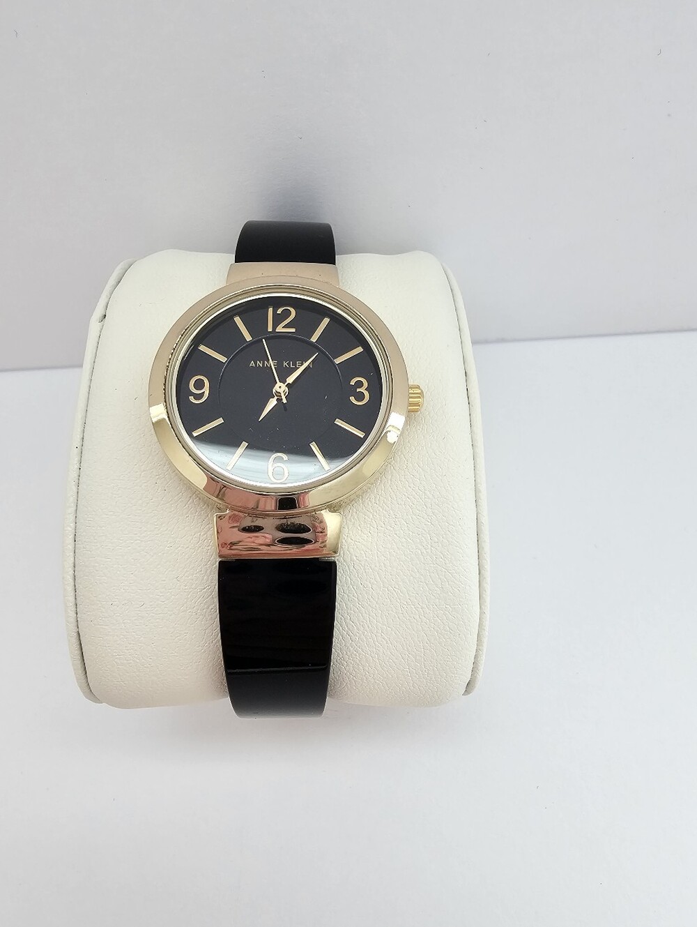 Anne Klein AK/2476 Black Resin Bangle Watch Gold Tone Round Face with Box